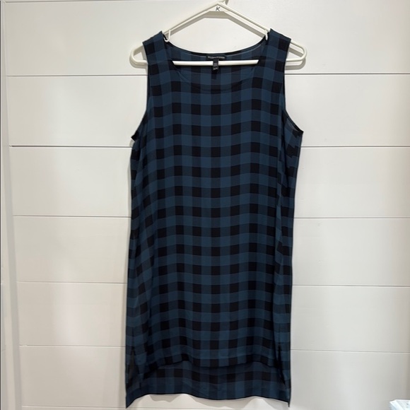 Eileen Fisher 100% Silk Blue Black Buffalo Plaid Sleeveless Tunic Tank Top XS - Picture 2 of 8